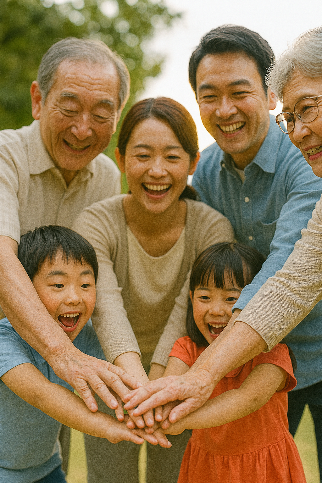 子ども・母親・父親・祖母・祖父が手を合わせて団結力を高めている写真