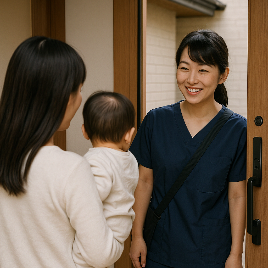 訪問看護師が玄関に来て、赤ちゃんを抱っこしている女性が向かい入れている写真