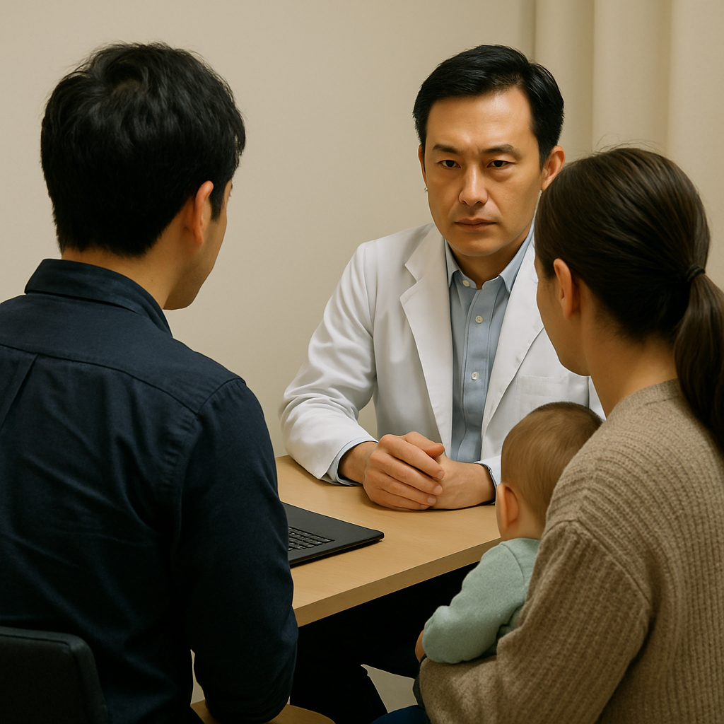医師の説明を母親・父親・赤ちゃんが聞いている写真