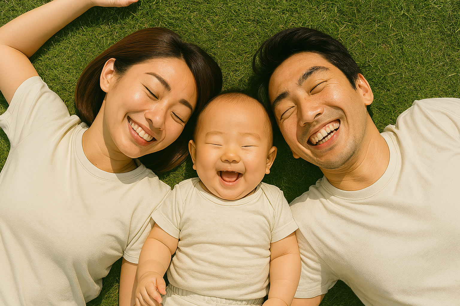 芝生の上で母親・父親・子どもが寝転んでいる写真