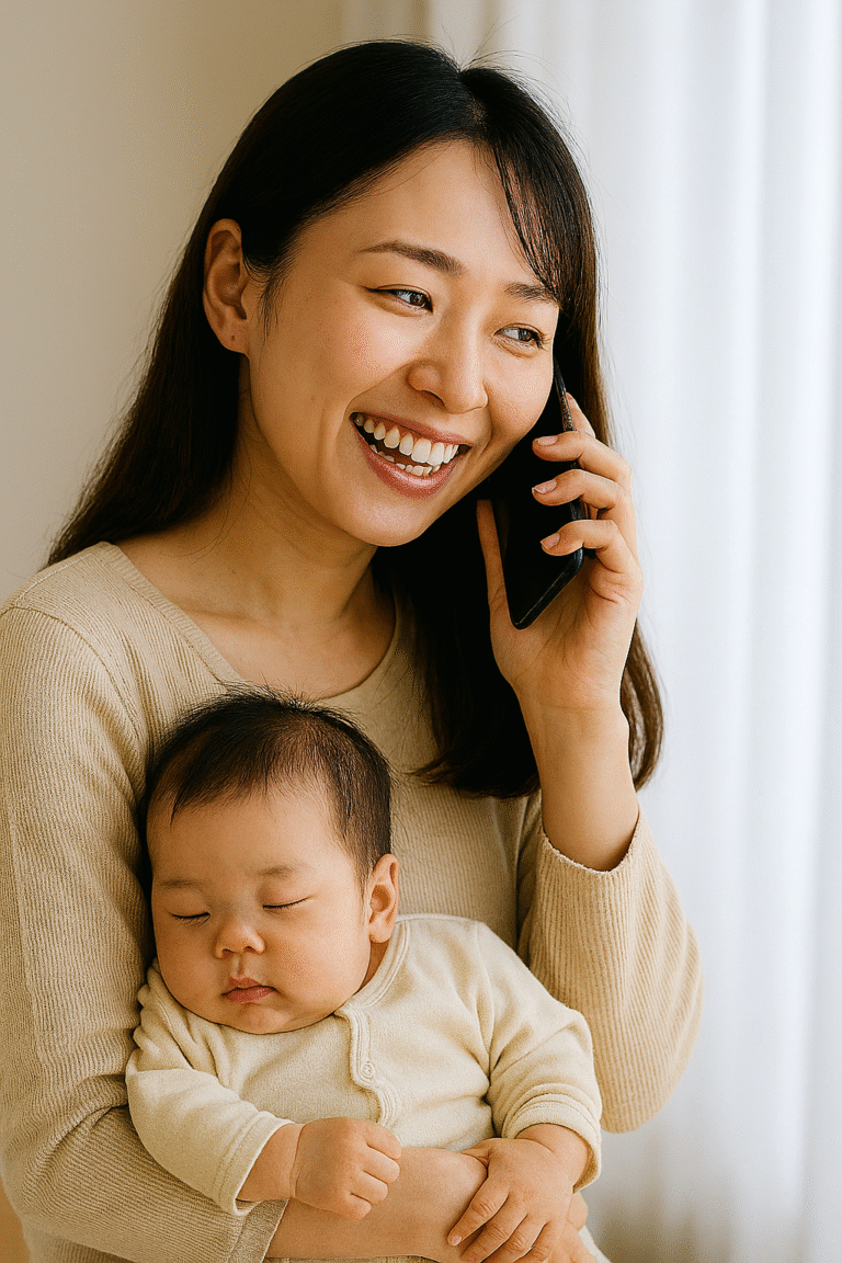 赤ちゃんを抱っこしながらスマートフォンで笑顔で電話している髪の長い女性の写真